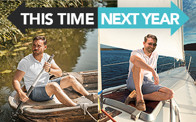 This time next year. Man on row boat changes to man on yacht